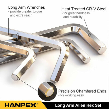 Hanpex Long Arm Hex Key Allen Wrench Set with Ball End, Ball-End Hex Key Metric/Imperial, Allen Wrench Chrome Vanadium Steel(Cr-V), Tamperproof TORX L- Key Set (18-Piece)