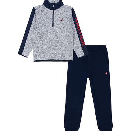 Nautica boys 2pc Polar Fleece 1/2 Zip Fleece Pant Set, Quick Grey Heather/New Sport Navy, 12 Months