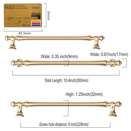 Asidrama 6 Pack 9 Inch(228mm) Brushed Brass Kitchen Cabinet Handles, Pulls Hardware for Cupboard Drawer Handles Dresser 9'' Hole Center