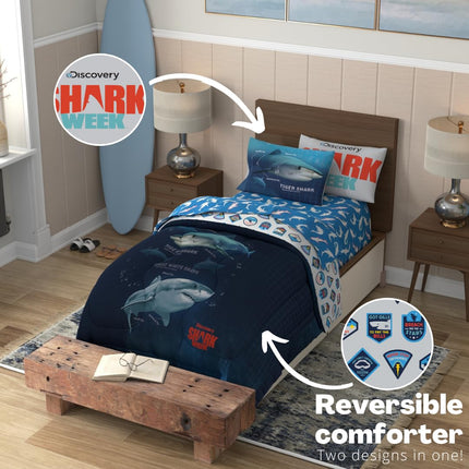 Franco Comforter, Microfiber, Blue-Shark Week, 4 Piece Twin Size
