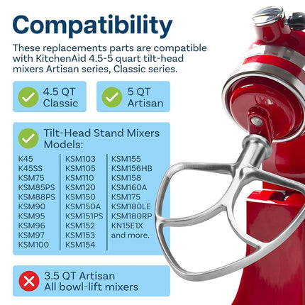 Stainless Steel 3 Piece Kit Attachments for KitchenAid 4.5-5 Quart Tilt-Head Stand Mixers Artisan Series & Classic Series by MMOBIEL – K45 6-Wire Whip, Flat Beater and Dough Hook – Dishwasher Safe
