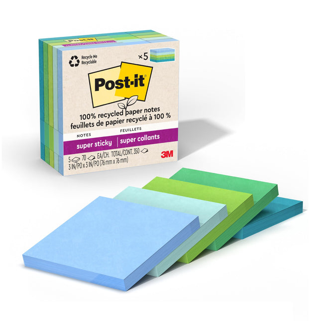 Post-it 100% Recycled Paper Super Sticky Notes, 2X