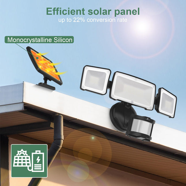 GLORIOUS-LITE LED Luces de Seguridad Solares con Sensor de Movimiento, Luz de Inundación Solar de 1600LM, 5500K, IP65 Impermeable, 3 Cabezales Ajustables Luces Solares Exteriores para Patio Trasero, Garaje-Negro