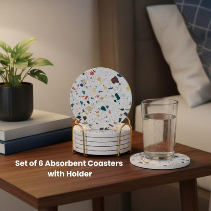 Terrazzo Drink Absorbent Coasters with Holder Set of 6, Ceramic Coaster for Drinks, Coffee Table Decor, Water Absorbing Stone Coaster for Drinks (Mosaic)