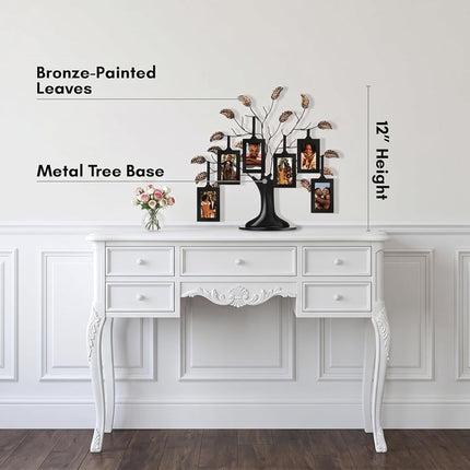 Americanflat Bronze Family Tree with 6 Hanging Picture Frames 2" x 3" in Black and Adjustable Ribbon Tassels - 12"