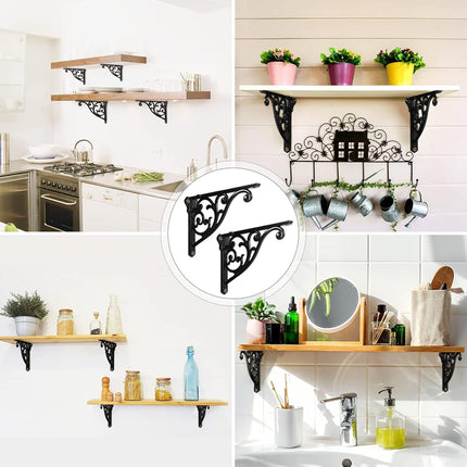 Shelf Brackets 8 Inch 4PCS Heavy Duty Matte Black Wall Bracket Baroque Kitchen Decorative Rack Shelves, Including All Hardware. (4, Black)