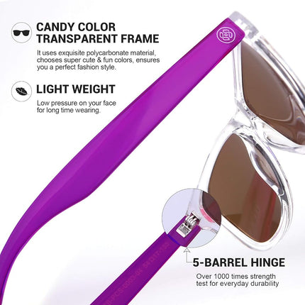 Gafas de sol COLOSSEIN para mujer, montura cuadrada clásica, lentes espejadas con protección UV400, ideales para la playa, vacaciones, conducir, A3 - Morado + Azul - Lentes Espejadas, 55