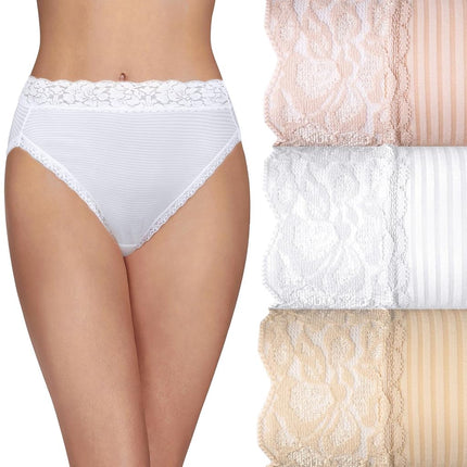 Vanity Fair Women's Flattering Lace Panties, Hi Cut-3 Pack-Quartz/White/Nude Stripe, 9