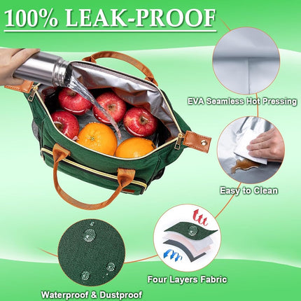 TuErCao Insulated Lunch Bag Lunch Box for Women Men for Work Travel Leakproof Portable Soft Cooler for Beach Picnic, Green