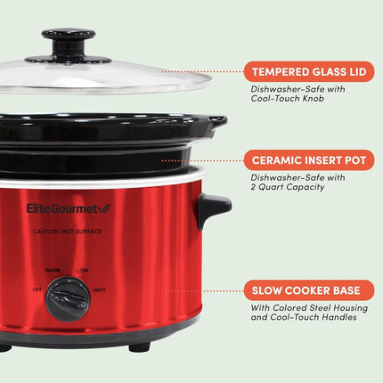 Mijoteuse électrique ovale Elite Gourmet MST-275XR#, température réglable, entrées, sauces, ragoûts et trempettes, couvercle et cocotte en verre lavables au lave-vaisselle (2 litres, rouge)