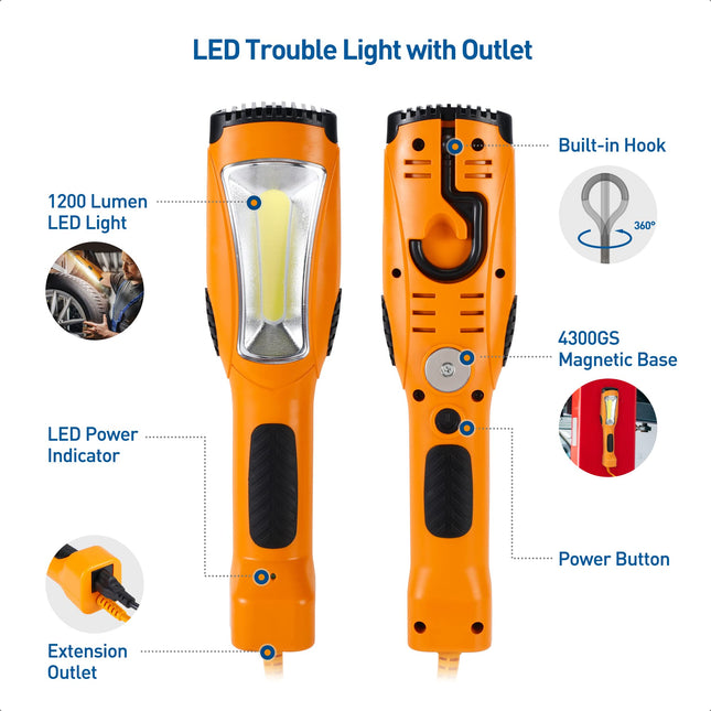 [Listado ETL] Cable Matters Lámpara colgante LED de 15 pies con cable de extensión, enchufe, base magnética y mango incorporado en naranja - Luz de trabajo/emergencia de 1200 lúmenes para garaje, cable de extensión de 16 AWG