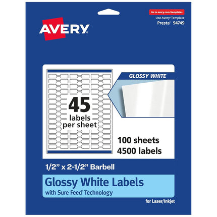 Avery Glossy White Barbell Labels with Sure Feed, 0.5" x 2.5", 4,500 Glossy White Labels, Permanent Label Adhesive, Laser/Inkjet Printable Labels