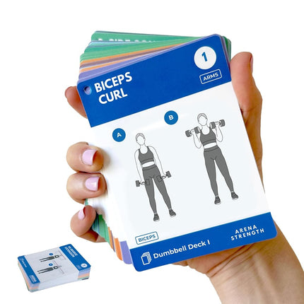 Arena Strength Dumbbell Fitness Workout Cards - Baraja de instrucciones para entrenamientos con mancuernas, instrucciones en video incluidas. Ejercicios de bajo impacto. Perfecto para el entrenamiento con mancuernas en casa.