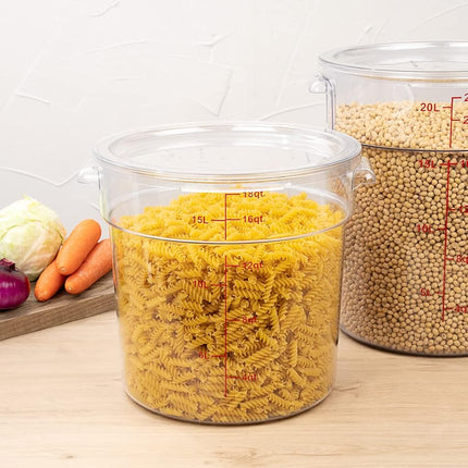Restaurantware-Met Lux 18 Quart Food Storage Container, 1 Round Commercial Storage Container - Lid Sold Separately, with Volume Markers, Clear Plastic Food Prep Bucket, Space-Saving Storage