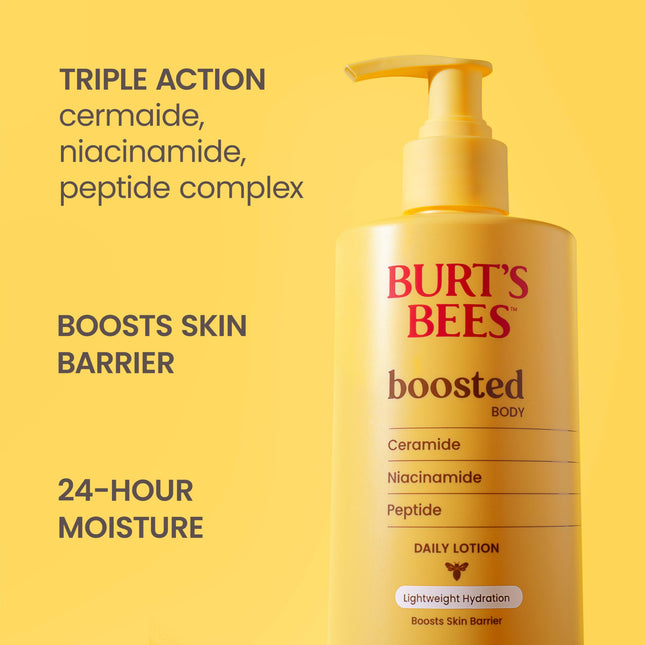 Loción Corporal Burt's Bees Boosted, con un Complejo de Ceramida, Niacinamida y Péptidos, Loción Diaria Ligera que Ayuda a Reforzar la Barrera Cutánea, con Aroma Tropical, Botella de 368 g.