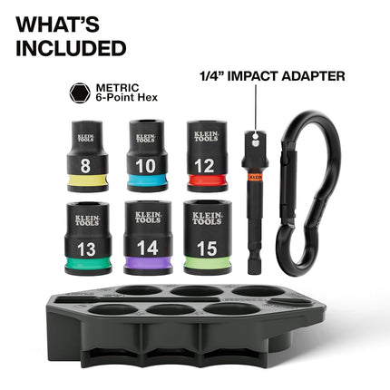 Klein Tools 33808M Grab-and-Go Impact Socket Set, Metric, 7-Piece Set with Sleeve, Carabiner, 3/8-Inch Drive, Color-Coded 8 mm, 10 mm, 12 mm, 13 mm, 14 mm, 15 mm Sockets