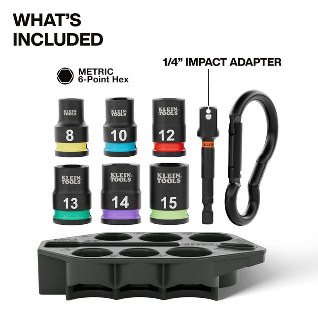 Klein Tools 33808M Grab-and-Go Impact Socket Set, Metric, 7-Piece Set with Sleeve, Carabiner, 3/8-Inch Drive, Color-Coded 8 mm, 10 mm, 12 mm, 13 mm, 14 mm, 15 mm Sockets