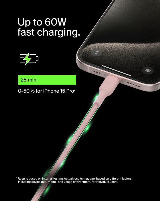 Câble USB-C vers USB-C tressé Belkin BoostCharge (2m) pour iPhone 16, Galaxy S24, S23, Note10, Note9, Pixel 8, Pixel 7, iPad Pro et autres - Rose