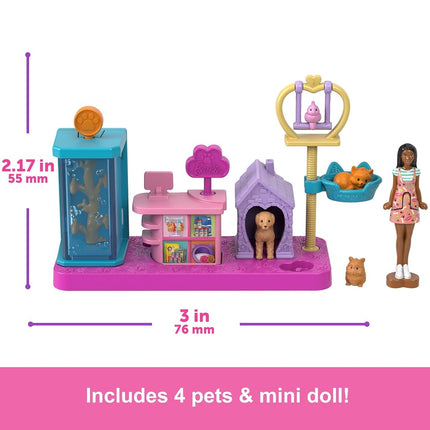 Barbie Mini BarbieLand Collectible Pet Boutique Playset with 1.5-Inch Doll, Pet Product Display, Check Out Stand, Pet House & Cat Baskets for Storytelling Play, JCR30