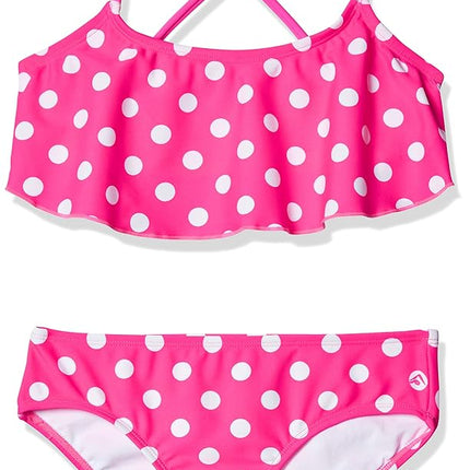 Kanu Surf Girls' Karlie Flounce Bikini Beach Sport 2-Piece Swimsuit, Suzie Pink Dot, 2T