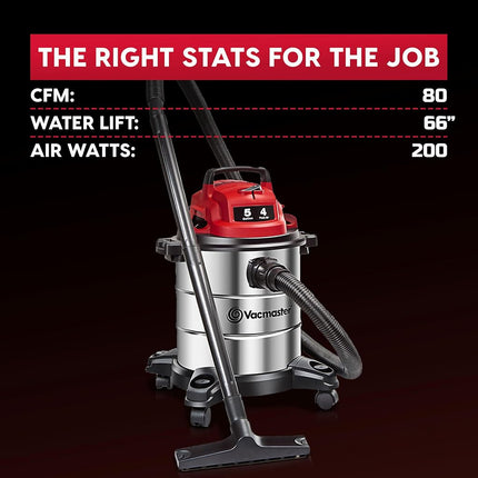 Vacmaster Red Edition VOC508S 1101 Stainless Steel Wet Dry Shop Vacuum 5 Gallon 4 Peak HP 1-1/4 inch Hose Powerful Suction with Blower Function
