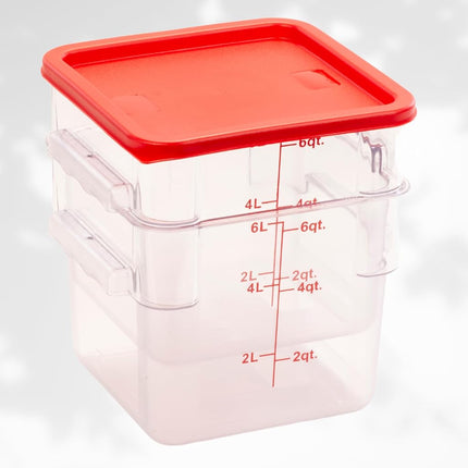 FSE Square Food Storage Container with Red Lid, 6 Quart, Polycarbonate, Reusable, Clear, NSF