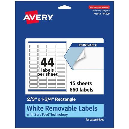 Avery Matte White Removable Rectangle Labels with Sure Feed Technology, Print-to-The-Edge, 2/3" x 1-3/4", 660 Removable Labels, Laser/Inkjet Printable Labels