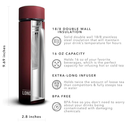 Vaso y taza de viaje multiusos de Here & Now Supply Co. | Botella de agua con infusor de té | Botella con infusión de frutas | Termo de café de acero inoxidable de doble pared para bebidas frías y calientes (rojo sagrado)
