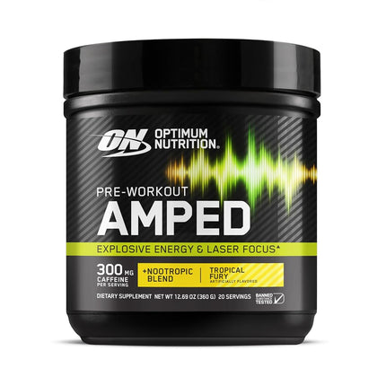 Optimum Nutrition Amped Pre-Workout, Tropical Fury, High-Stim, 300g Caffeine, 6g L-Citrulline, 3.5g Beta Alanine, 890mg Electrolytes, Patented Neumentix Nootropic