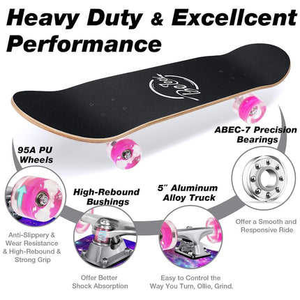 BELEEV Skateboards, 31 x 8 inch Complete Skateboard for Beginners, 7 Layer Canadian Maple Double Kick Deck Concave Cruiser Trick Skateboard for Kids Teens & Adults -Purple