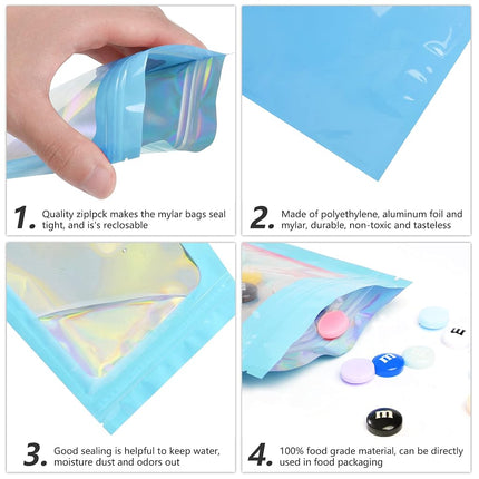 Funfery 100 pcs Blue Mylar Holographic Bags Packaging Bags,Clear Sealing Resealable Smell Proof Bags Foil Pouch Zipper Bags for Food Storage,Gloss,Lash Packing for Small Business(6.3x9.4In)
