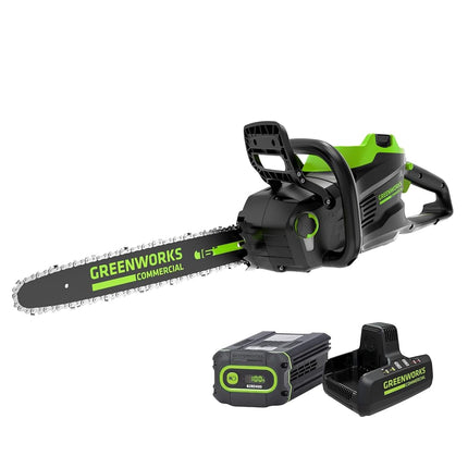 Greenworks 82V 16" Brushless (2.4 kW) Cordless Chainsaw (225 Cuts Per Charge), 4.0Ah Battery and Dual Port Rapid Charger (Great for Landscapers and Professionals