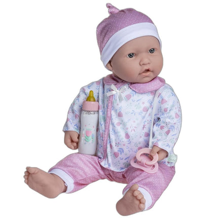 JC Toys - La Baby Muñeca de 51 cm tiene un cuerpo suave y lavable, biberón mágico y chupete, rosa y blanco, floral, diseñada en España, 2 años
