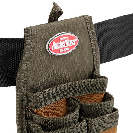 Bucket Boss Four-Barrel Tool Sheath with FlapFit to Fit Instantly Over a Belt or Into a Pants Pocket, with 5 Tool Pockets and 2 Loops, and Metal Tape Clip, in Brown, 54184