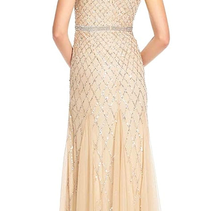 Adrianna Papell womens091904940Short-sleeve Beaded Mesh Gown Short-Sleeve Dress - Metallic - 14 Champagne