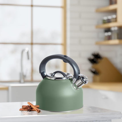 Oggi Stainless Steel Stovetop Tea Kettle - 64oz / 1.9lt, Sage, Loud Crescendo Whistle, Trigger Spout Cover