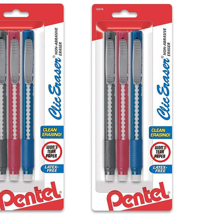 Pentel Clic Retractable Eraser with Grip, 3 count - Pack of 6