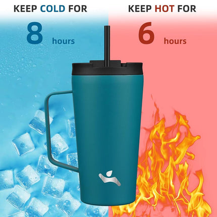 Konokyo Insulated Tumbler with Handle and Straw, 18 OZ Travel Coffee Mug Stainless Steel Cup Metal Water Bottle,Blue