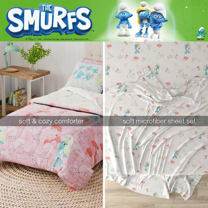 The Smurfs Smurfette Twin Bedding Set – 5 Piece Kids Super Soft Microfiber Reversible Comforter & Sheet Set - Pink, (Officially Licensed Product) by Franco