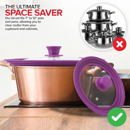 Modern Innovations Universal Lids (Set of 2) Fits 7 to 12-Inch Cookware, Silicone Replacement Pan Lid, Glass Top Covers for Skillets, Pots, Frying Pans, Cast Iron - Lavender