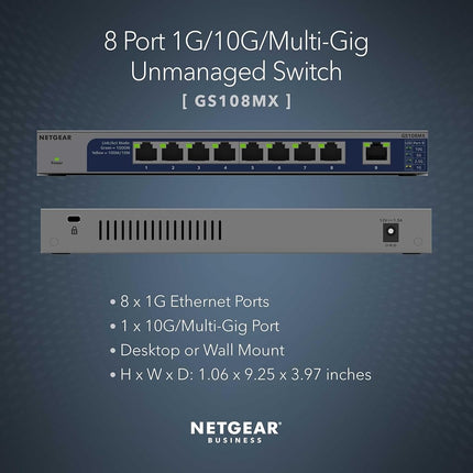NETGEAR 8-Port 1G/10G Multi-Gigabit Ethernet Unmanaged Switch (GS108MX) - with 1 x 10G/Multi-gig SFP+, Desktop or Rackmount, and Limited Lifetime Protection, GS108MX-100NAS