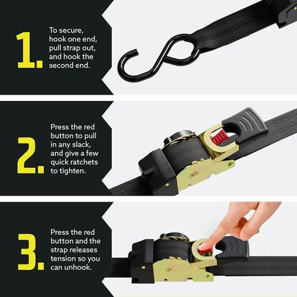 DC Cargo - Auto Retracting Ratchet Straps (4 Pack 1 inch x 6') - Heavy Duty Tie Down Retractable Ratchet Straps - Easy Self Contained Black Ratchet Strap Tie Downs for Trailers, Vehicles, Boat
