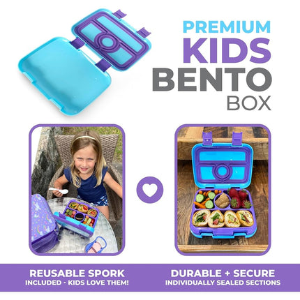 kinsho Bento Lunch Box for Kids Toddlers, 4 Portion Sections Secure Lid, Microwave Safe BPA Free Removable Tray, Pre-School Kid Daycare Lunches Snack Container Ages 3 to 5 Blue Purple
