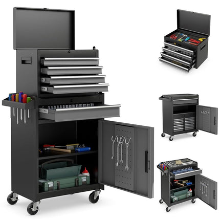 Goplus Tool Chest, 5-Drawer Rolling Cabinet with Detachable Top Toolbox, Lockable Wheels, Lock Bar, Protective Liner & Tool Rack, Metal Storage Cart for Garage Workshop