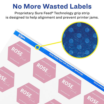 Avery Matte White Hexagon Labels with Sure Feed, 1.5" x 1-47/54", 2,000 White Labels, Print-to-The-Edge, Permanent Label Adhesive, Laser/Inkjet Printable Labels