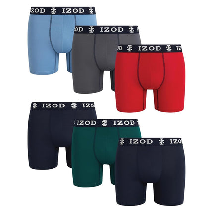 IZOD Mens Boxer Briefs - 6 Pack Ultra Soft Stretch Performance Mens Underwear Boxers with No Fly Contour Pouch, 6" Inseam, Pompeian Red/Navy Blazer/Grey/Green/Coronet Blue, Large