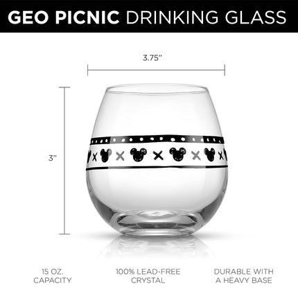 JoyJolt Disney Mickey Mouse Geo Picnic Stemless Wine Glasses for Red or White Wine (Set of 4) 15 Ounces