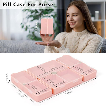 FYY Daily Pill Organizer,2PCS 7 Compartments Portable Pill Case Travel Pill Organizer,[Folding Design] Pill Box Purse Pocket to Hold Vitamins,Cod Liver Oil,Supplements Medication-Pink+Navy Clear/Navy