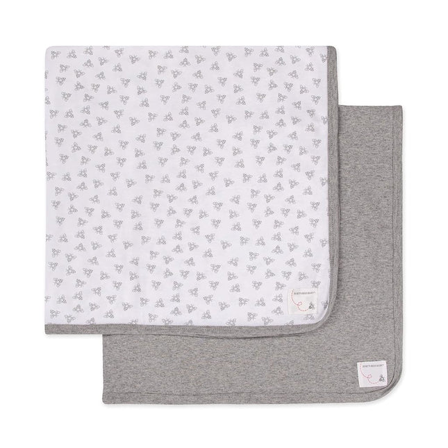 Burt's Bees Baby Set of 2 Bee Essentials 1 Ply Blankets - 100% Organic Cotton, 1 Solid + 1 Honeybee Print, Heather Grey