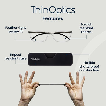 ThinOptics Reading Glasses 1.50, Clear, Case, for Men and Women, Foldable